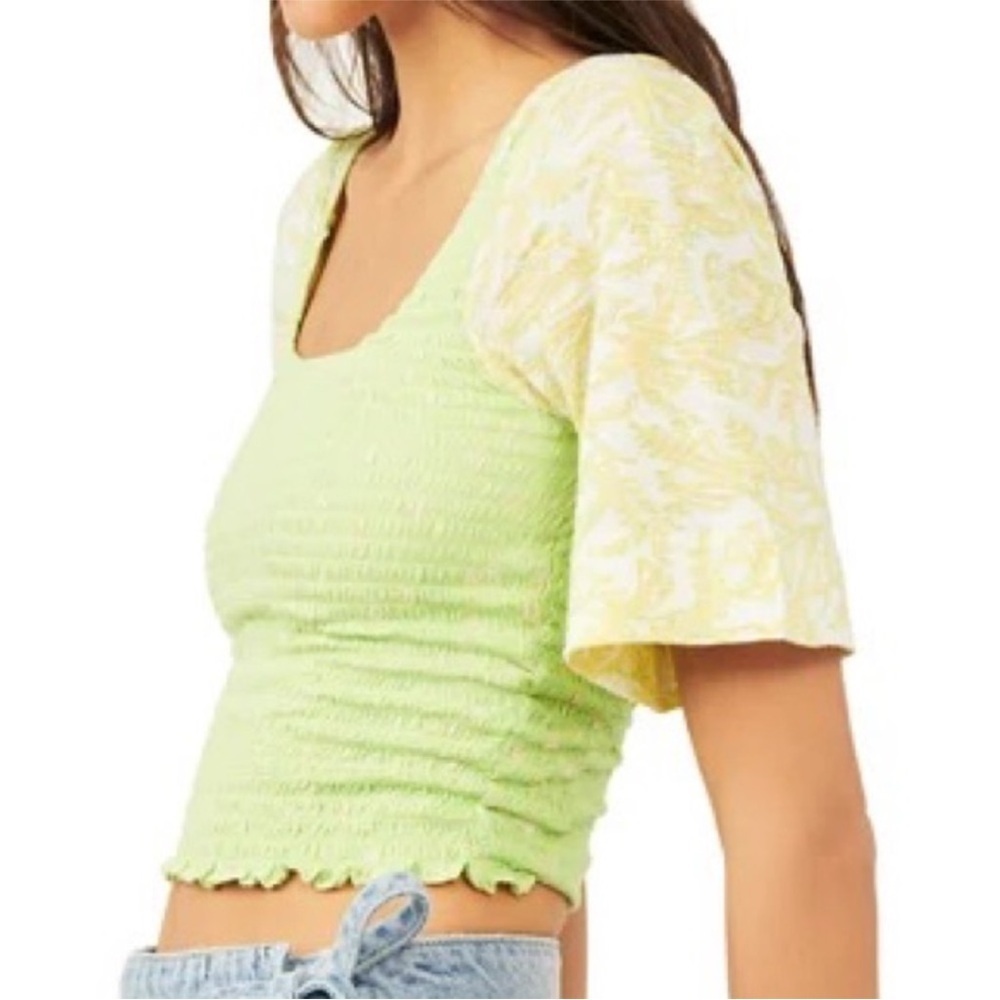 Free People Square Neck Smocked Crop Top Key Lime Green  Euro Summer Top Size XS